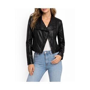Minimalist Moto Black Faux Leather Jacket Cropped Asymmetrical Zip Urban Biker M